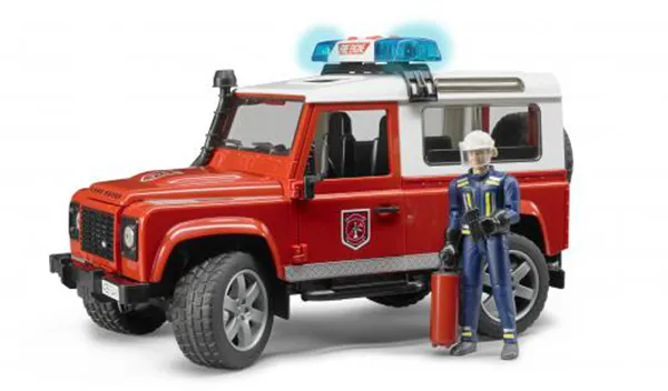 Bruder Land Rover Defender St.Wagon vehículo del departamento de bomberos con bombero