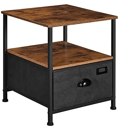 Mesa de noche SONGMICS, con 2 estantes y 1 cajón - MDF marrón rústico y ante sintético/metal negro (41x41)