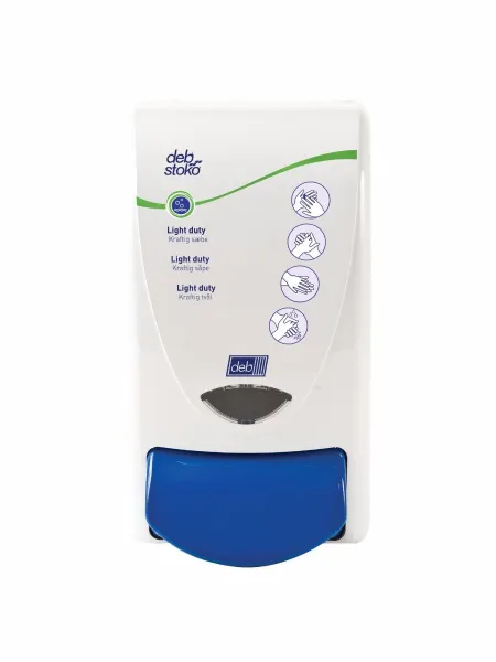 Dispensador Deb Stoko Cleanse Light para jabón en crema con efecto limpiador, plástico blanco con botón azul, 1 L
