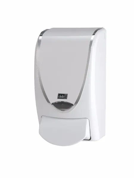 Dispensador Deb Stoko White Silverline, de plástico blanco con borde plateado, 1 L